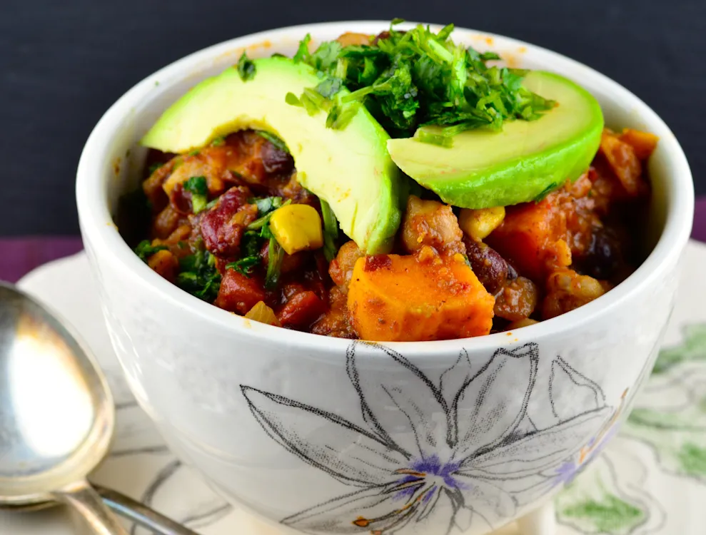 3 Bean and Sweet Potato Vegetarian Chili