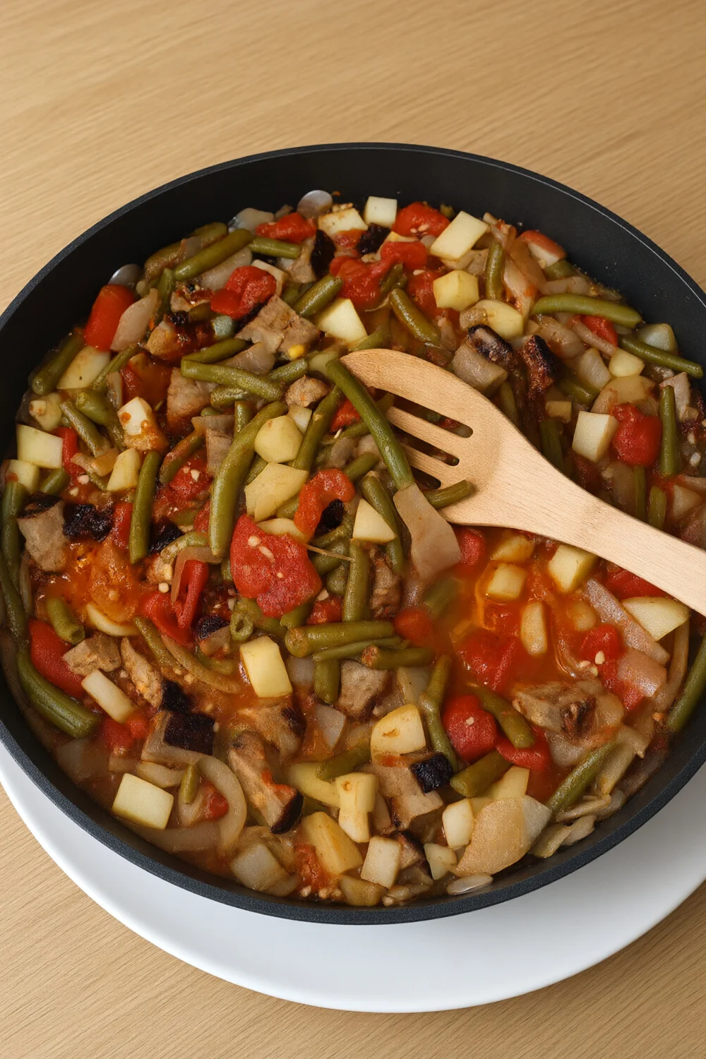 Albanian Stewed Green Beans and Potatoes With Smokey Seitan — Greek recipe