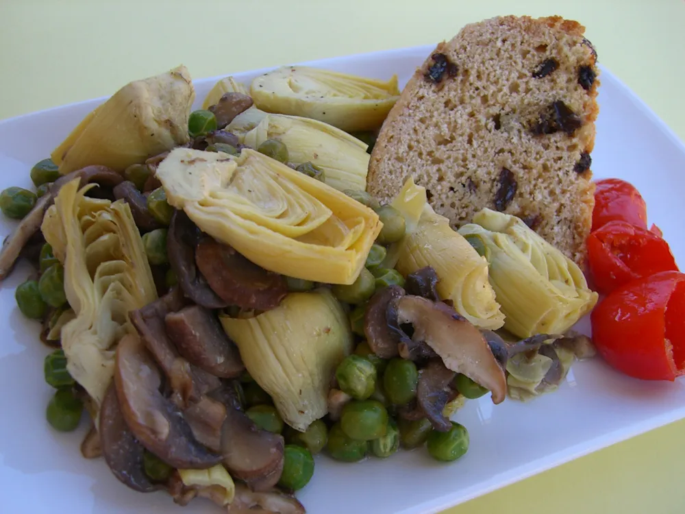 Artichoke Hearts, Green Peas and Mushrooms in a Lemon Sauce