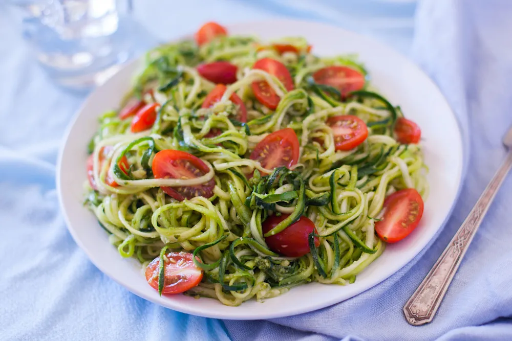 (Raw) Angel-Hair Zucchini "pasta" With Fresh Pesto