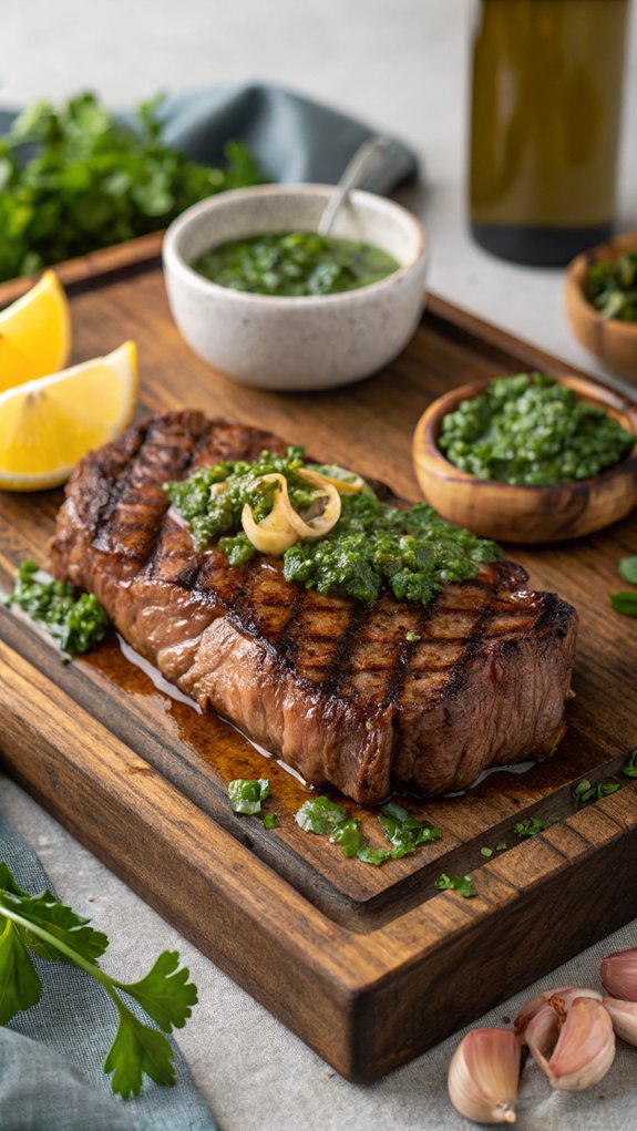 grilled steak topped with chimichurri