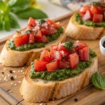 pesto topped tomato bruschetta