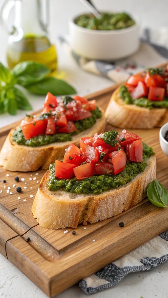 pesto topped tomato bruschetta