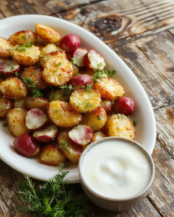 roasted potatoes and radishes