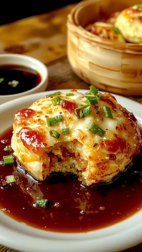 The Best Homemade Egg Foo Young Recipe 3 golden brown pancakes drizzle